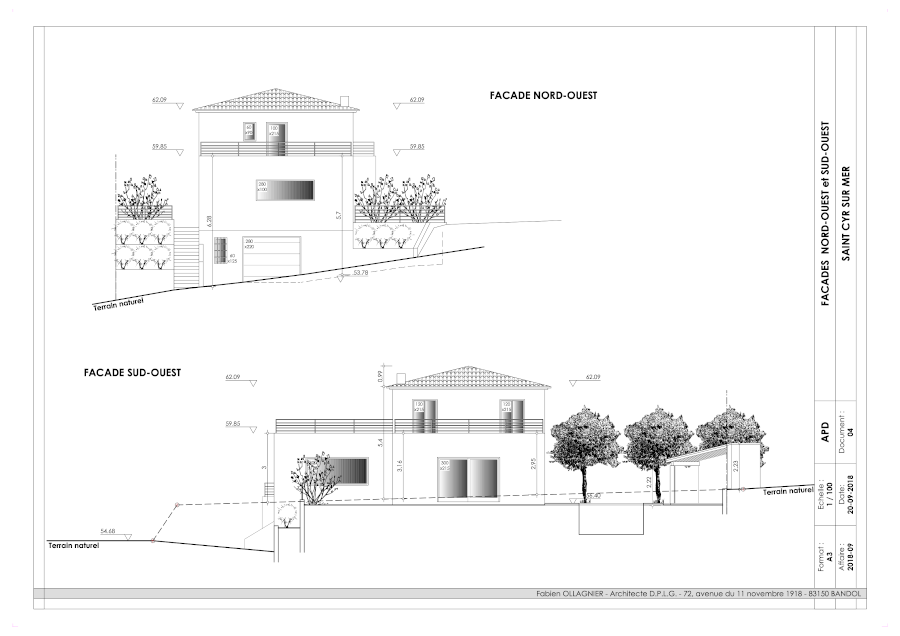 Plans d'une Villa à Saint Cyr sur Mer dessinés par Fabien Ollagnier, Architecte à Bandol